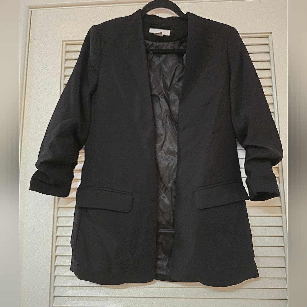 H&M - Black Gathered-Sleeve Business Casual Open Blazer Jacket With Pockets